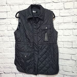 Xeoxarel‎ Women's LARGE Black Quilted Vest Pockets Drawstring Inside Zipper Snap